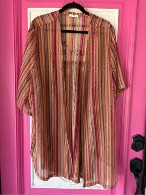 Maurices Striped Open-Front Kimono in Pink, Tan and Cream